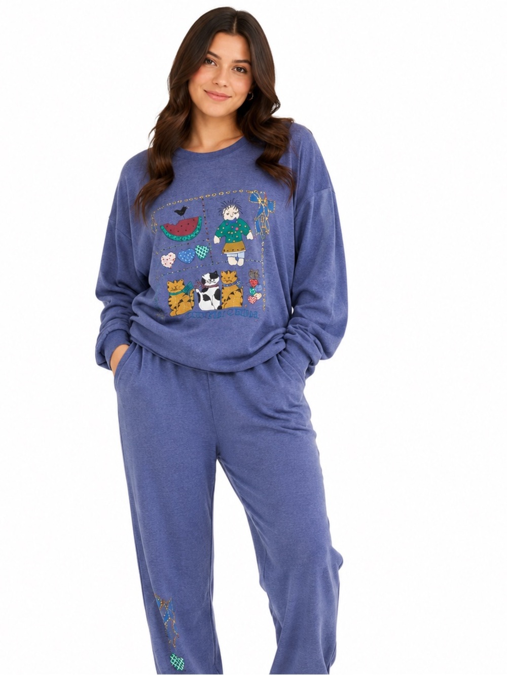 Women’s Blue Printed Track Pants & Top Set OS Vintage Decosport